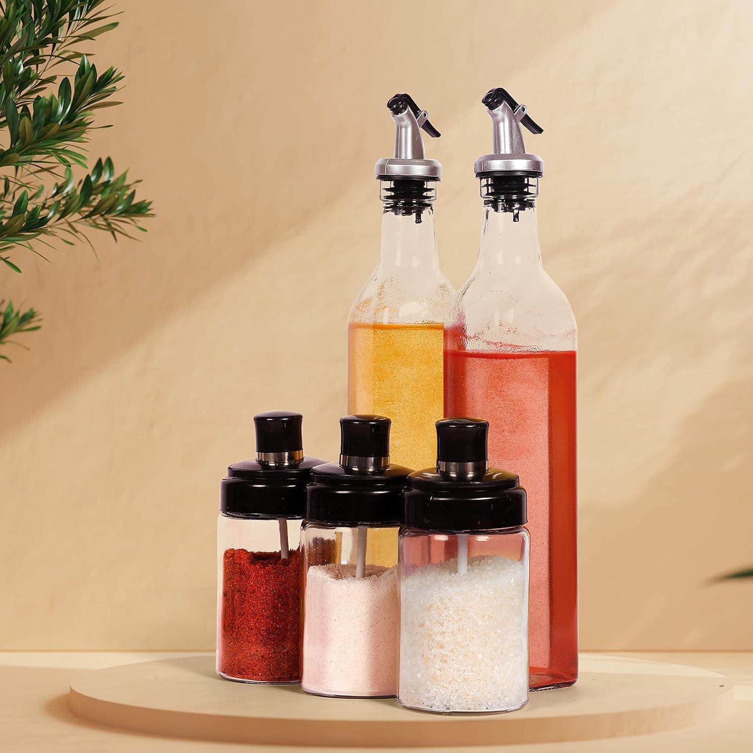 Transparent Glass Oil Dispenser 500 ML Bottle Set of 2, Spice Jar 250 ML Set of 3, Oil Bottle for Kitchen, Oil & Vinegar Storage Glass Bottle, Glass Container for Spice, Masala (5 Pcs Set) Transparent Glass Oil Dispenser 500 ML Bottle Set of 2, Spice Jar 250 ML Set of 3, Oil Bottle for Kitchen, Oil & Vinegar Storage Glass Bottle, Glass Container for Spice, Masala (5 Pcs Set)
